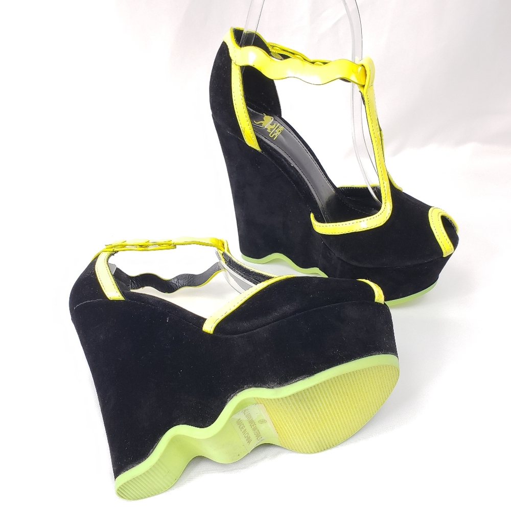 Shiekh Black Faux Suede Wedges with Neon Trim